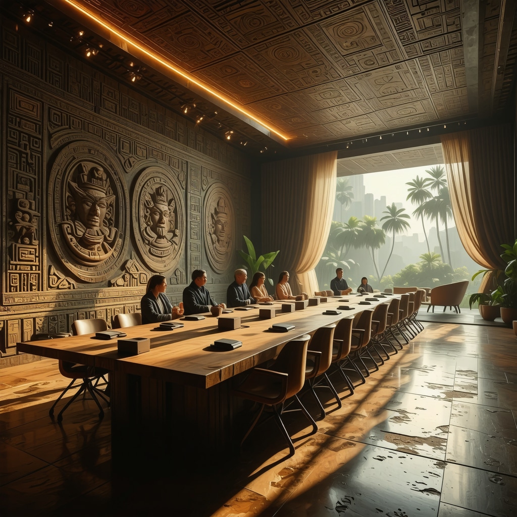 Office meeting room featuring Mayan symbolic elements fostering mindful leadership