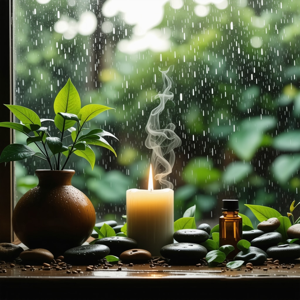 Contemporary altar with wet leaves, stones, candle, and diffuser by rain-soaked window