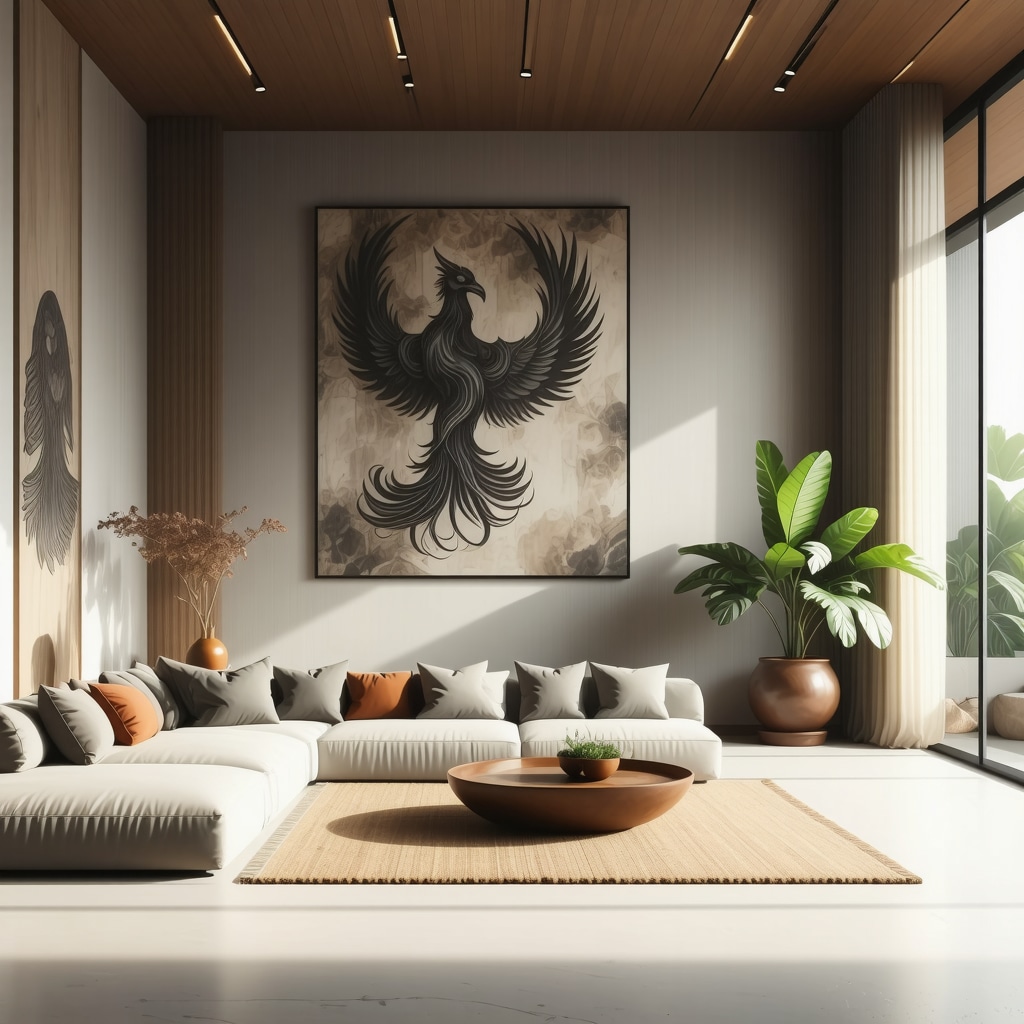 Modern living room featuring ancestral symbols such as a phoenix and tree art