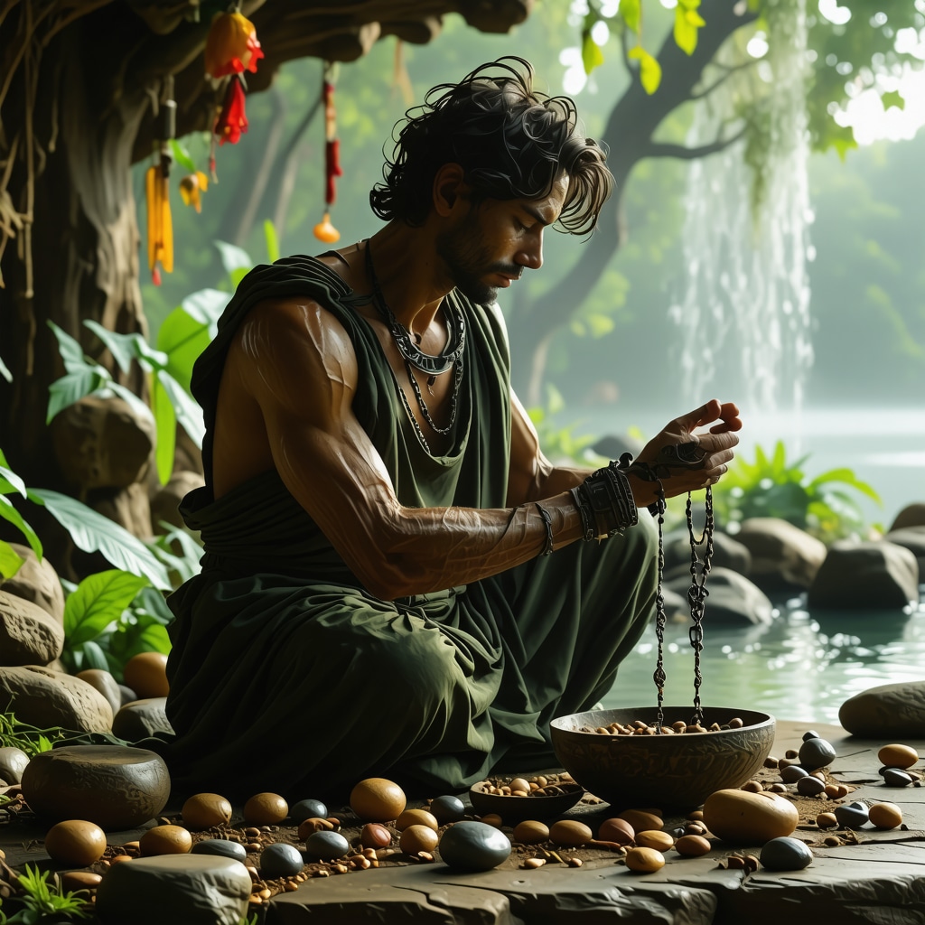 Person performing a symbolic Roman ritual with ancient amulets in a natural setting