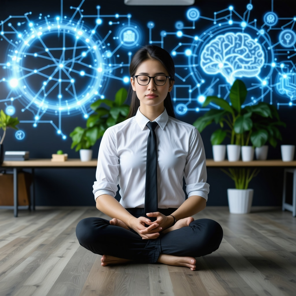 Professional in a modern office meditating with AI and neural graphics overlay