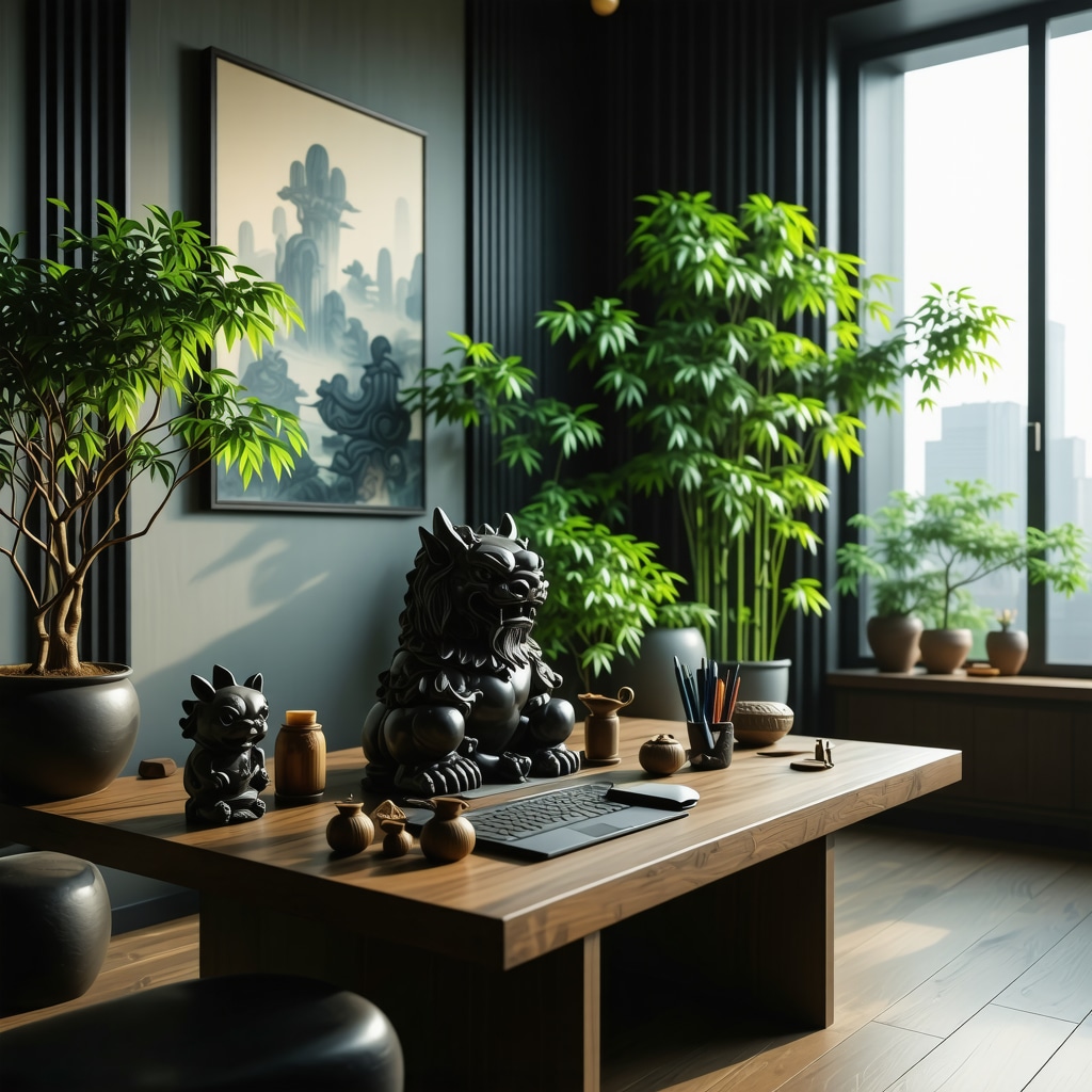 Contemporary office space featuring Chinese Pi Yao statues and lucky bamboo plants symbolizing harmony and prosperity