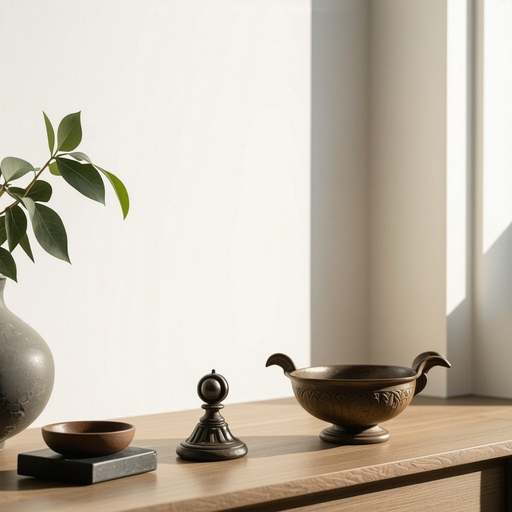 Modern workspace with Roman symbolic artifacts Workspace displaying Roman artifacts including cornucopia and fascinum amulet symbolizing prosperity and protection