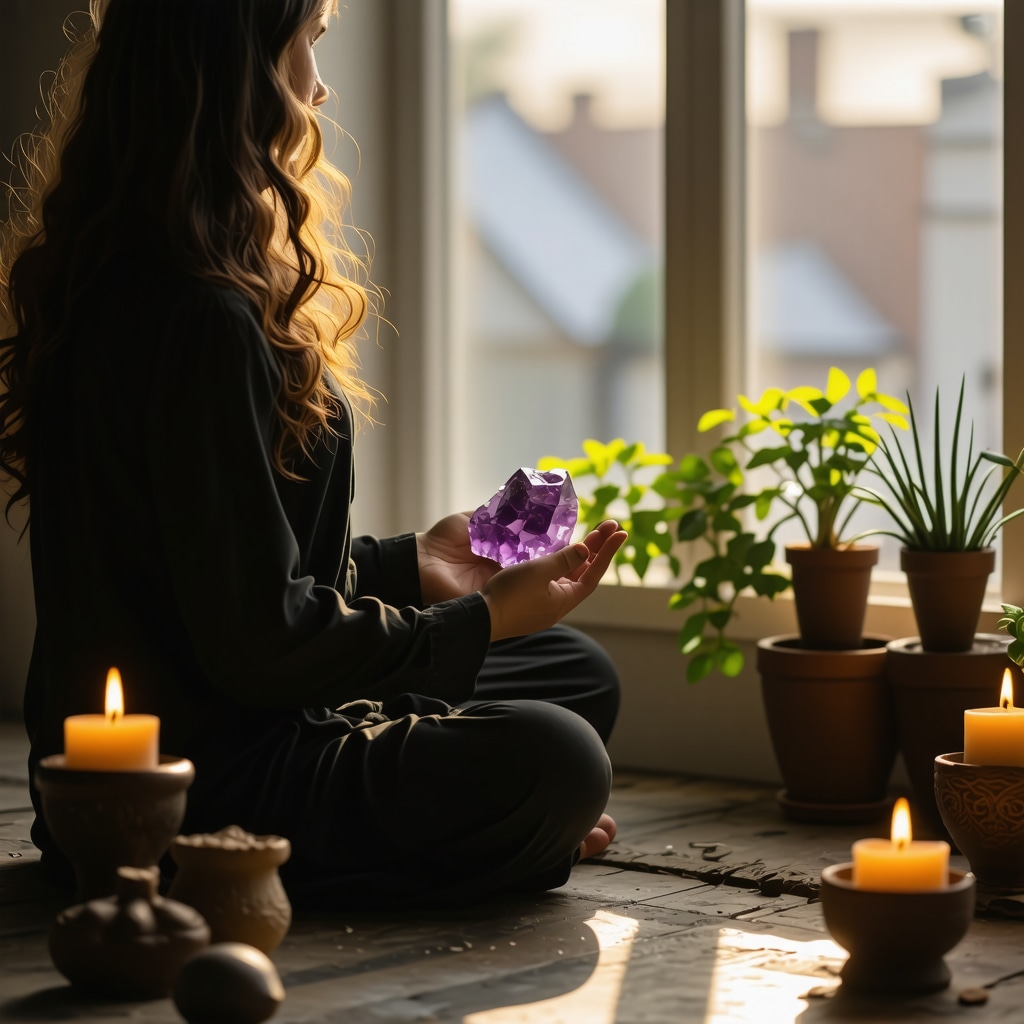 Person meditating with amethyst stone in morning light surrounded by candles and plants