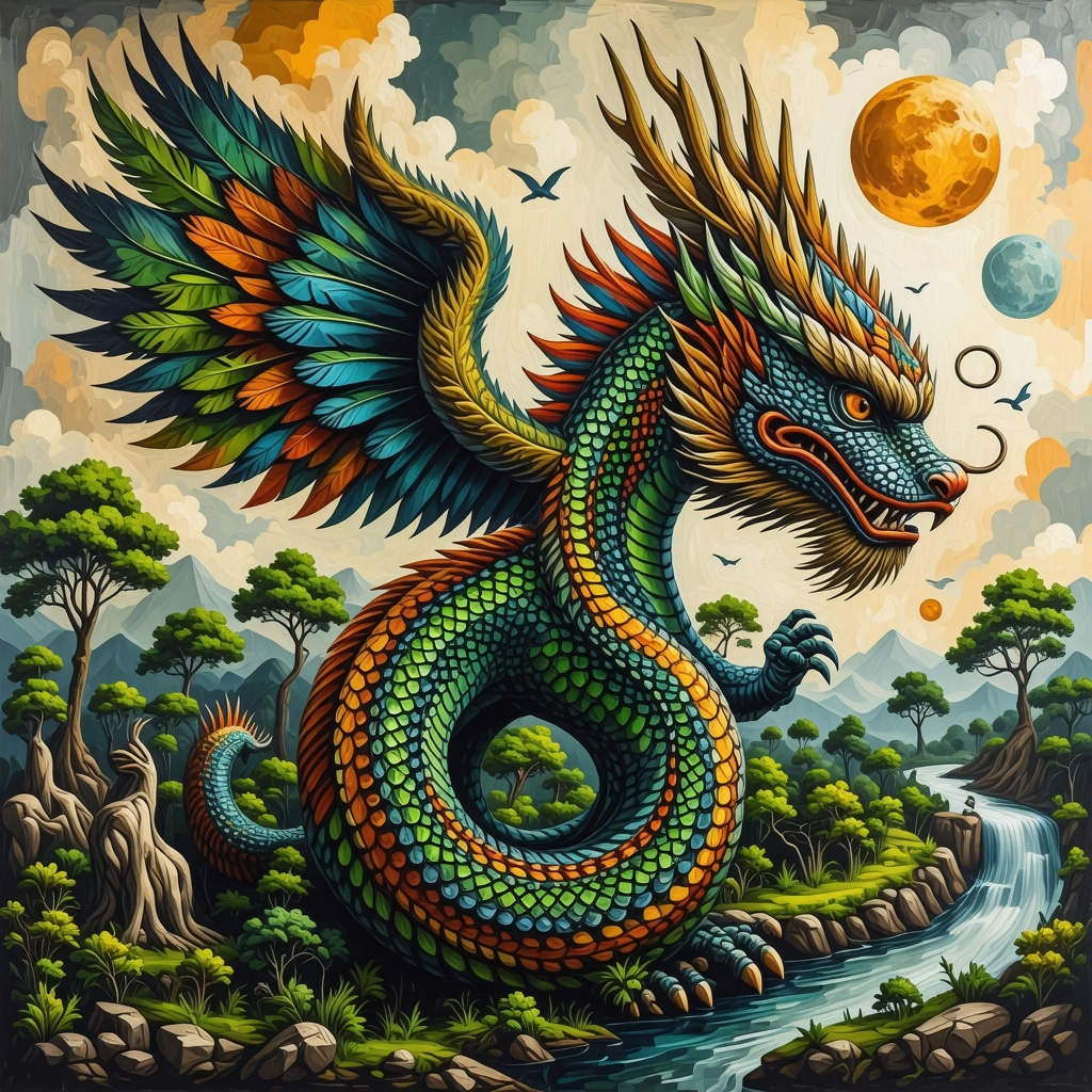 Mural colorido que representa a Kukulkán como serpiente emplumada con elementos naturales modernos como árboles y ríos