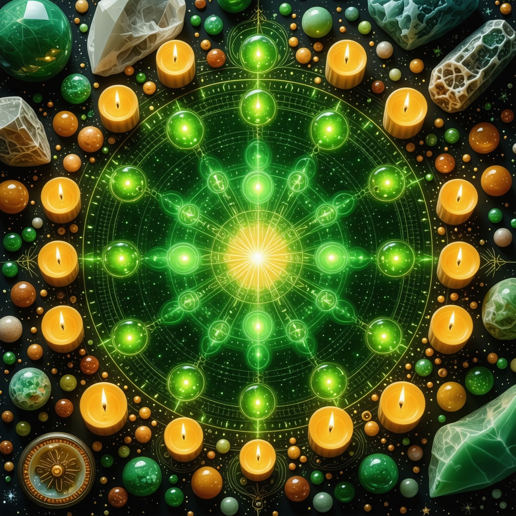 September equinox ritual scene featuring celestial symbols, mandalas, aventurine and citrine crystals, green and orange candles symbolizing prosperity and harmony