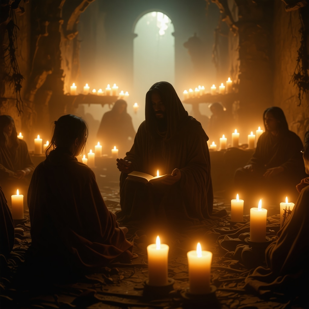 Narrador en ambiente oscuro con velas narrando leyenda de terror