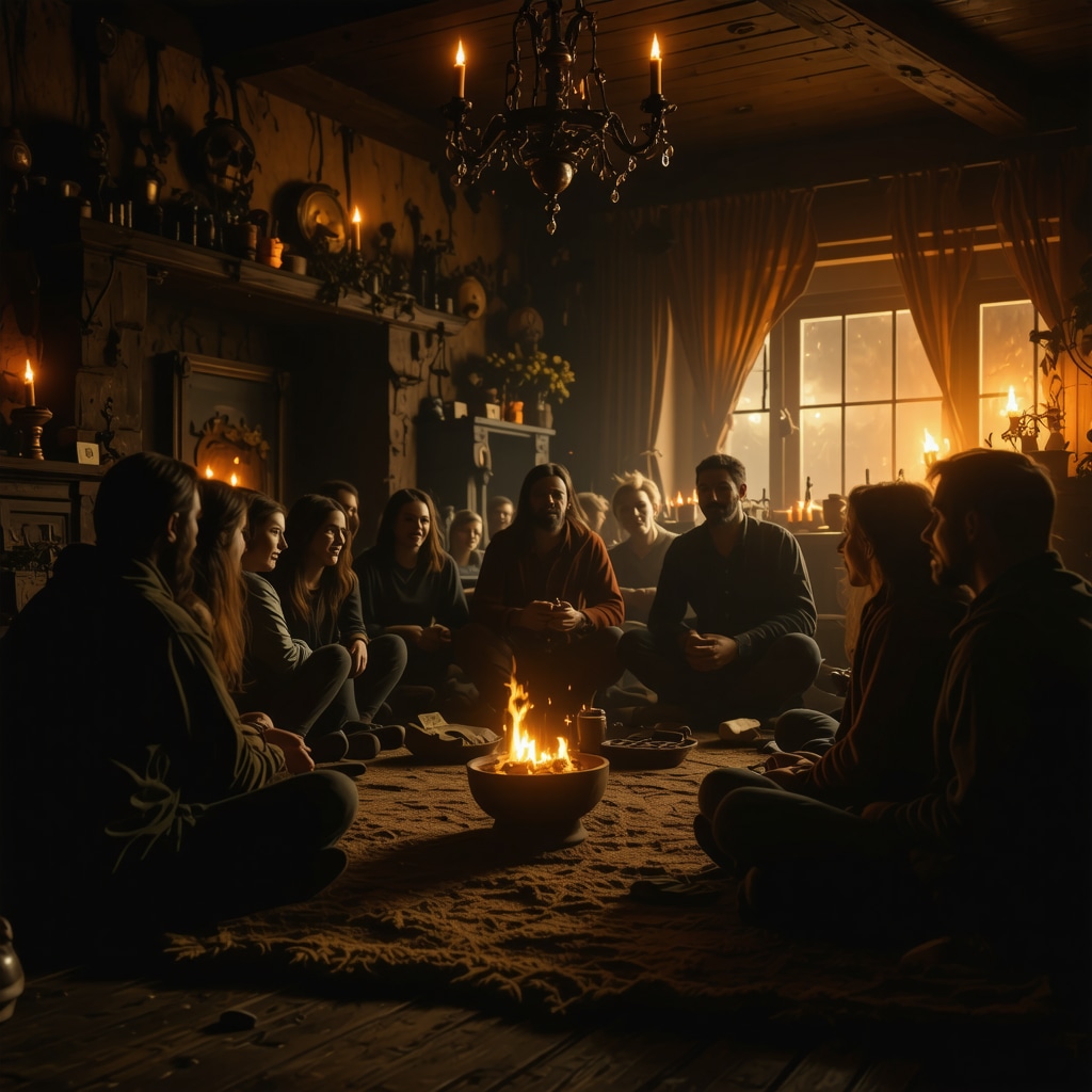 Grupo de personas escuchando atentamente una leyenda de terror en un ambiente tenue y misterioso