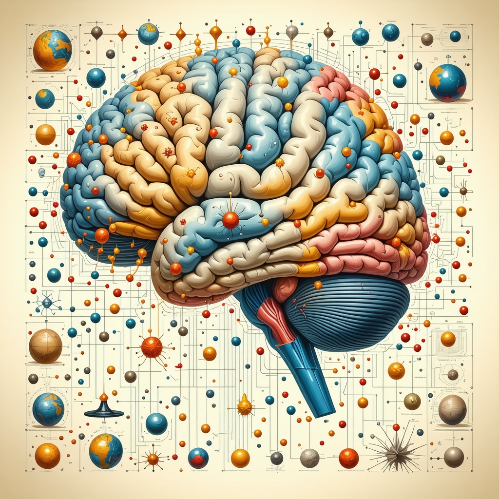 Illustration of brain neural networks activated by symbolic thinking with cultural and scientific symbols