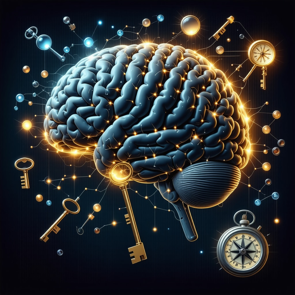 Brain with neural connections and symbolic everyday objects like keys and mirrors glowing