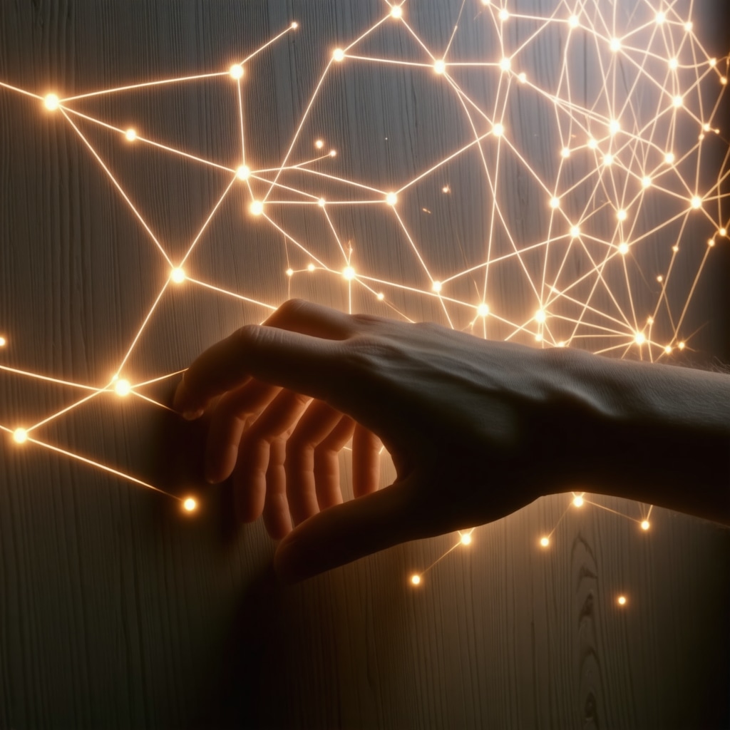Hand touching wooden surface with neural network graphics illustrating brain response