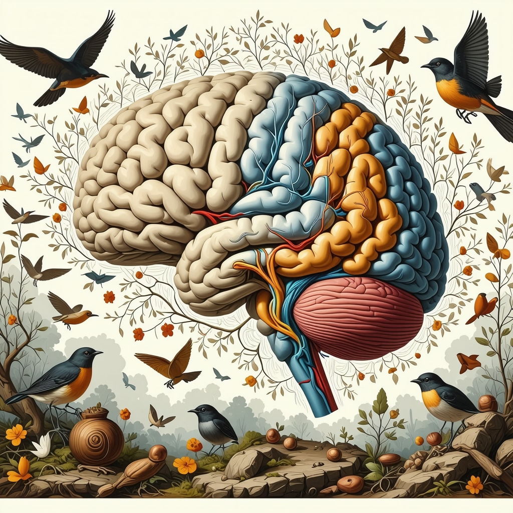 Illustration of brain neural pathways with natural elements symbolizing agüeros and rituals