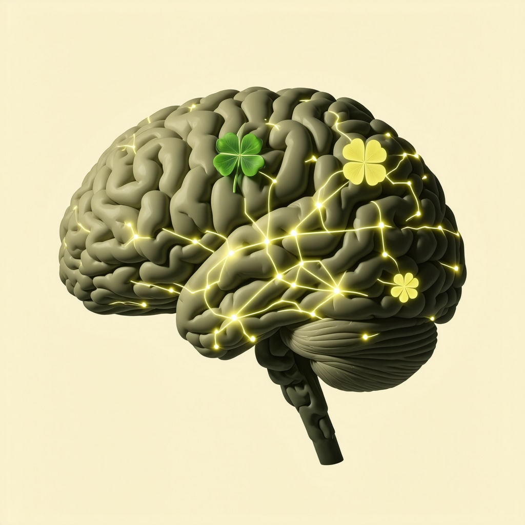 Brain with neural connections to cultural lucky symbols like horseshoe and four-leaf clover