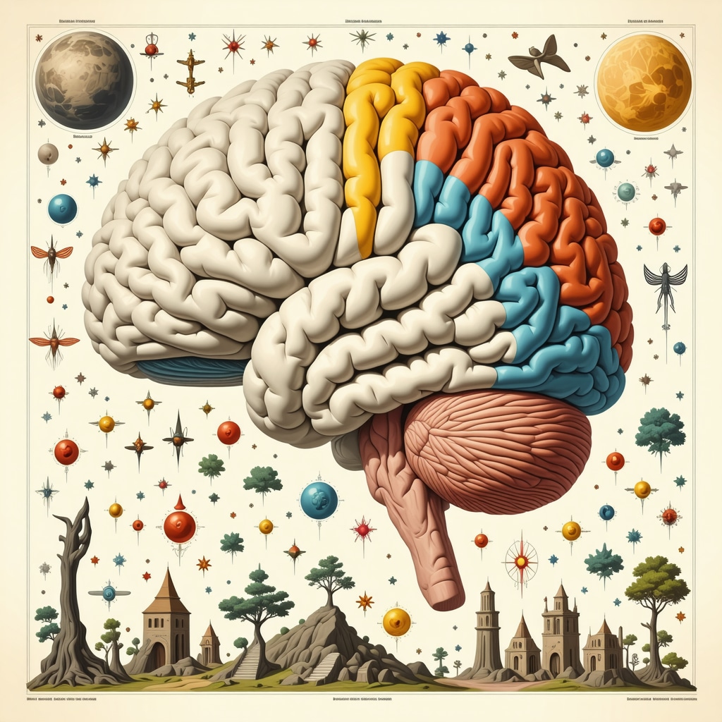 Neuropsychology of Superstitions Related to Stairs Illustration of human brain with highlighted fear centers linked to stairs and superstition symbols