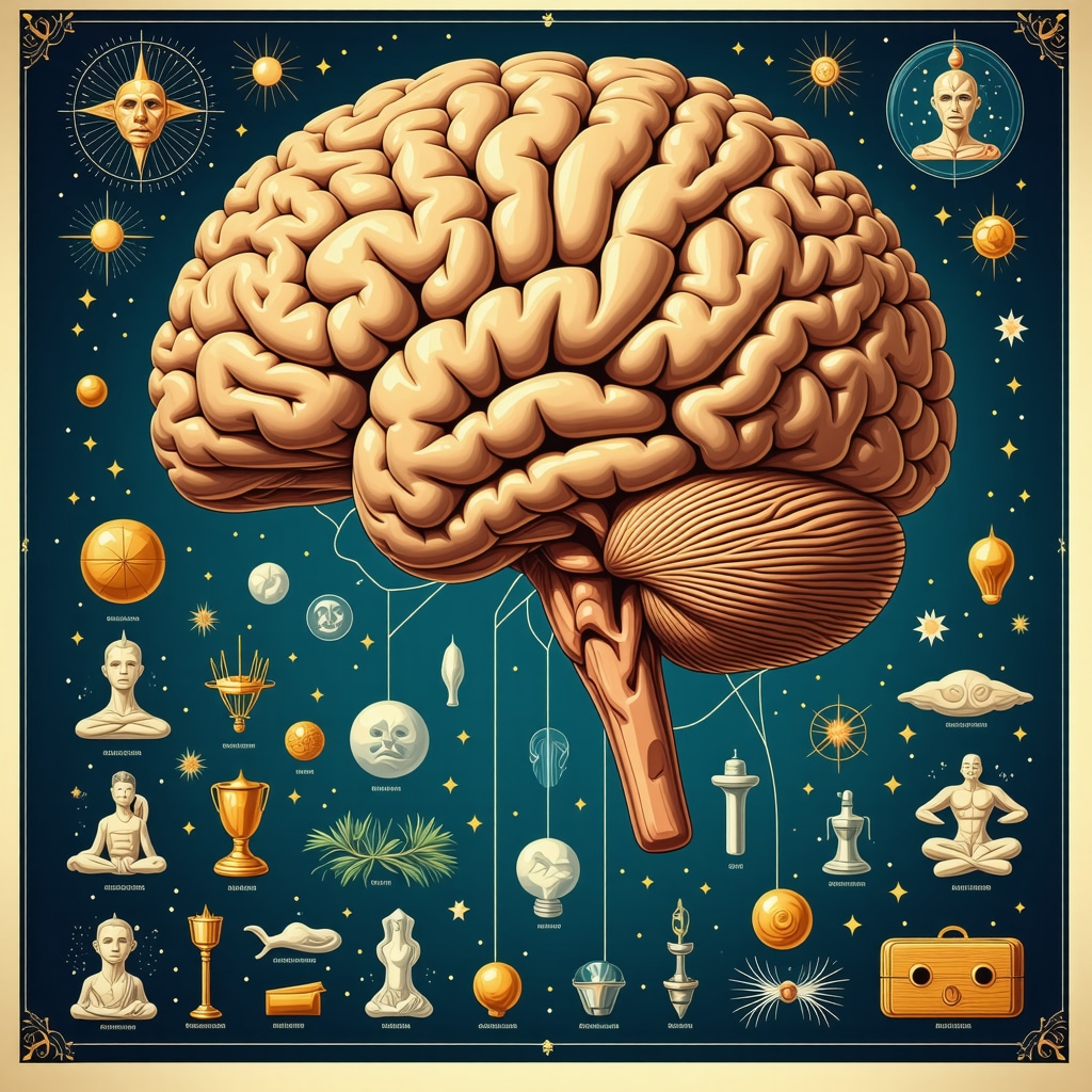 Infographic showing brain areas involved in superstition and ritual behavior with symbolic icons