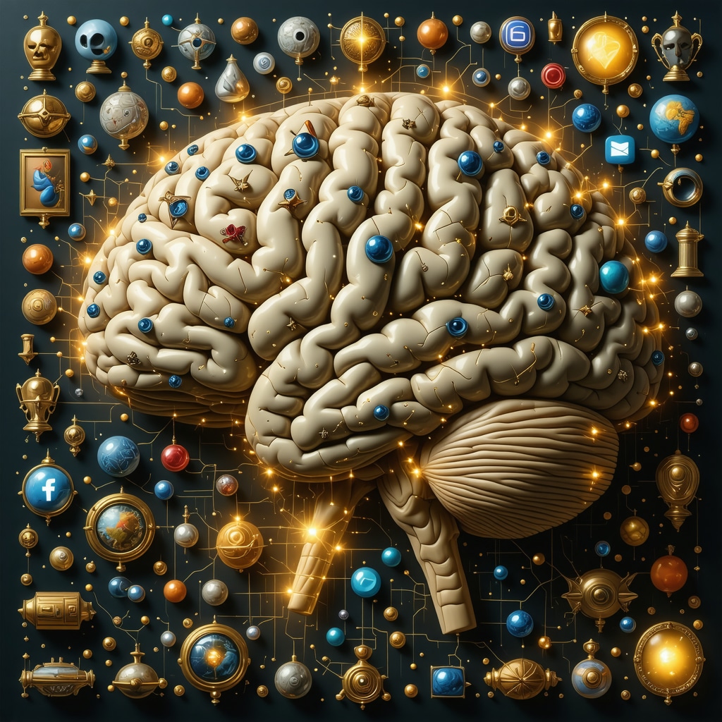 Illustration of brain neural circuits combined with Spanish amulets and social media icons