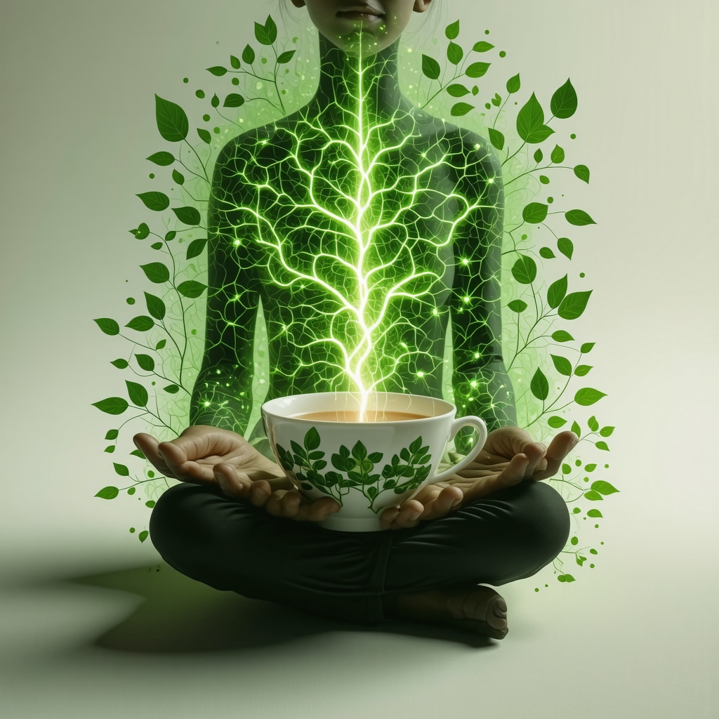 Person meditating with tea cup, glowing brain synapses and symbolic tea leaf patterns blending with digital graphics