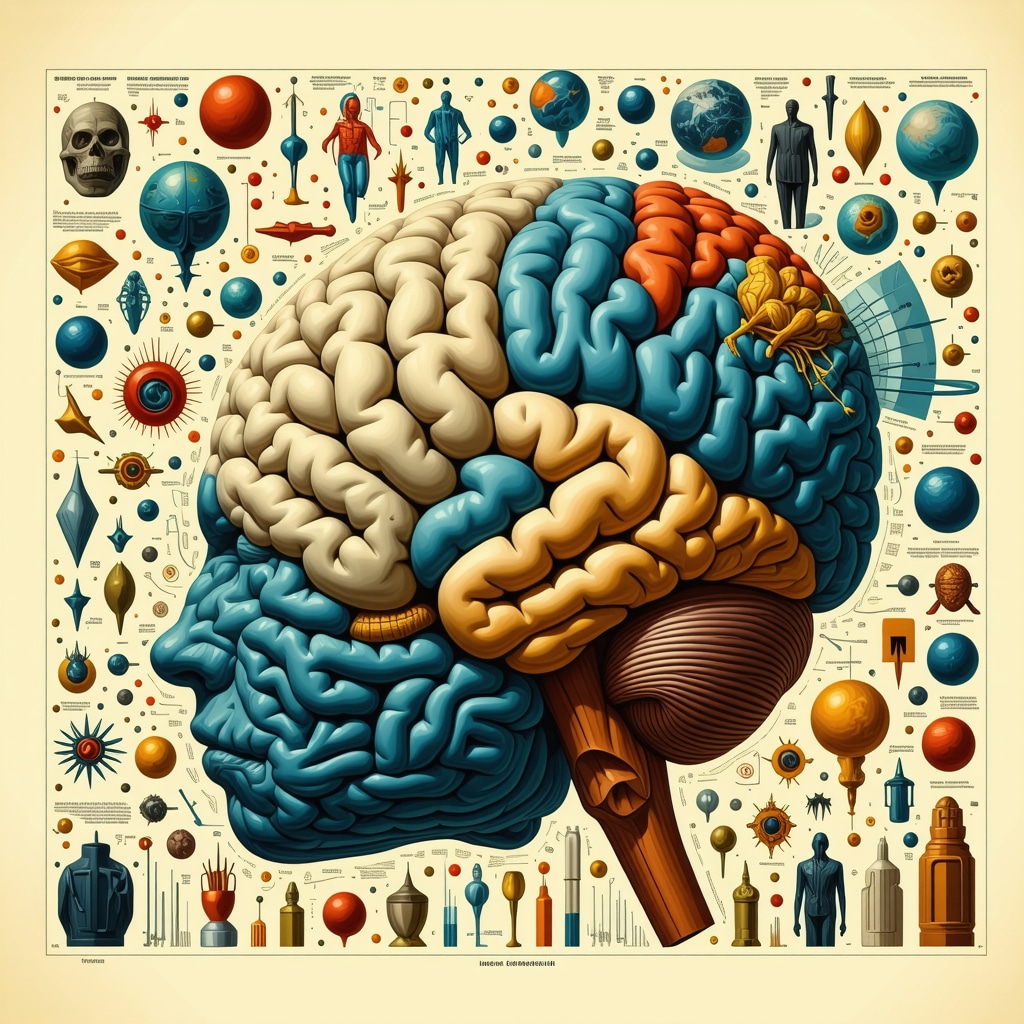 Brain neural activity intertwined with cultural symbols representing terror legends