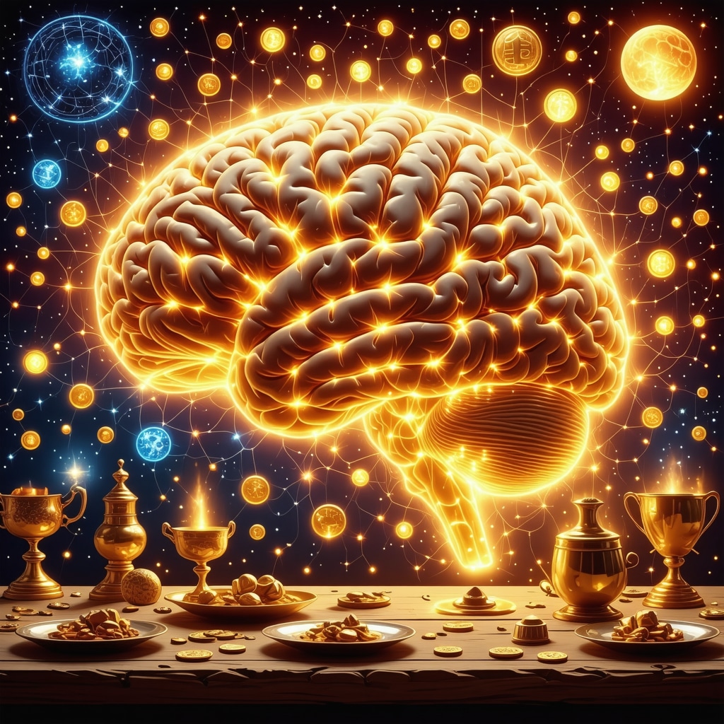 Illustration of brain neural pathways intertwined with traditional agüeros symbols on a dinner table