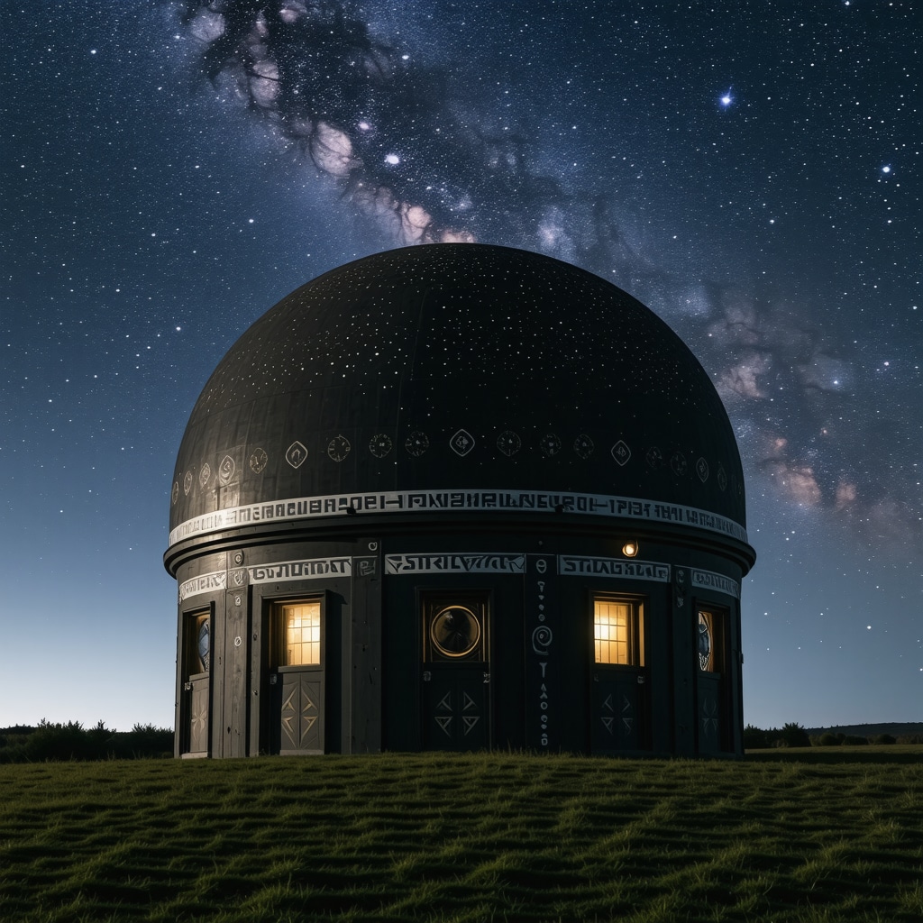 Observatorio celestial futurista con símbolos indígenas y tecnología astronómica avanzada Futuristic celestial observatory blending indigenous symbols and advanced astronomy technology under starry night