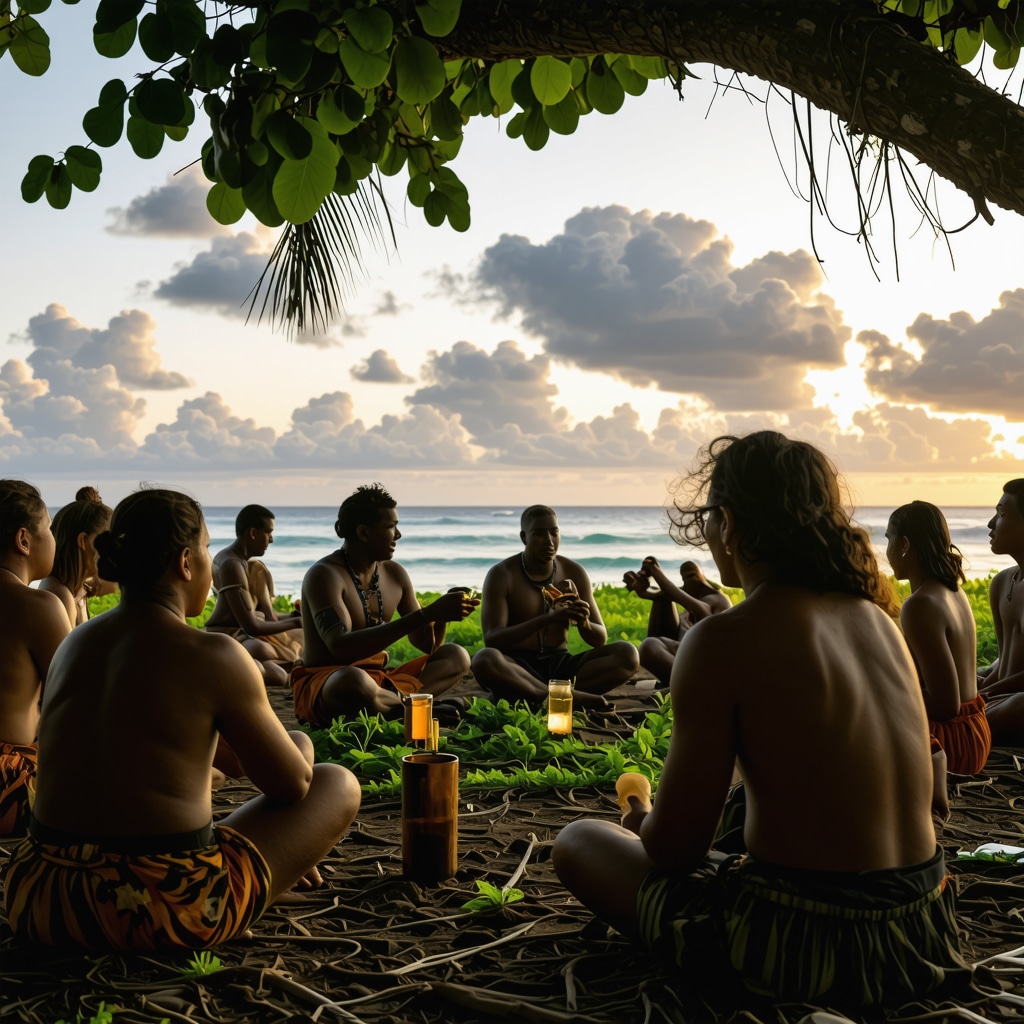 Elders and youth sharing myths in a Pacific island natural setting at dusk