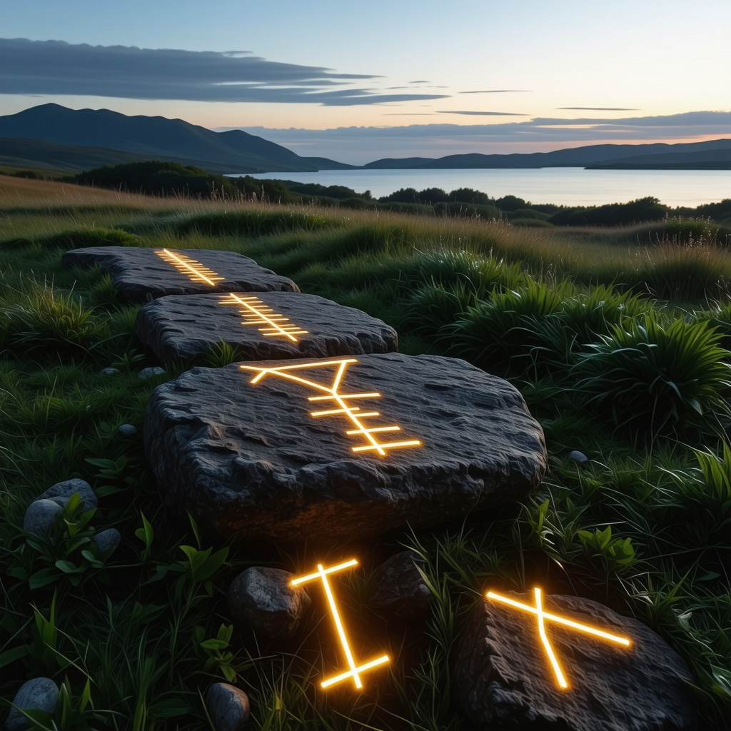 Paisaje con runas nórdicas iluminadas al atardecer en la naturaleza escandinava
