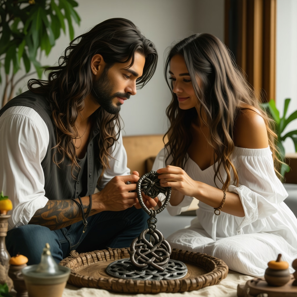 Pareja moderna realizando ritual simbólico intercultural Pareja realizando ritual simbólico con nudo celta y amuletos latinoamericanos en ambiente hogareño