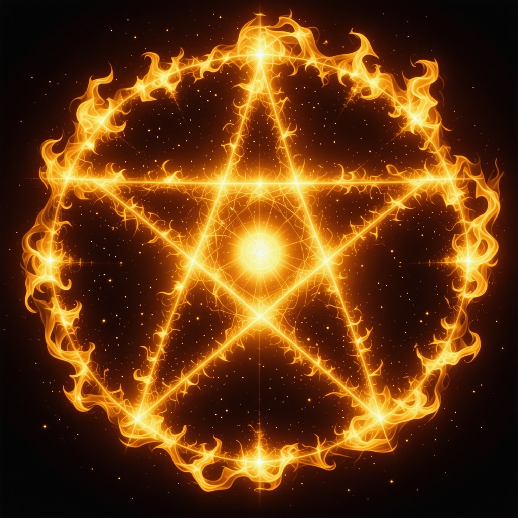Pentagram formed by flames with sacred geometry patterns on dark cosmic background