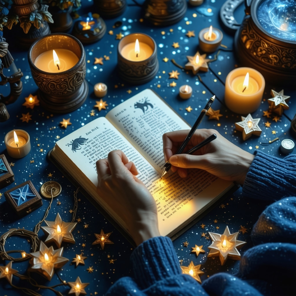 Illustration of a person writing in a dream journal with mystical symbols and glowing lights around