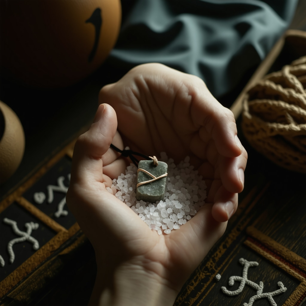 Person holding amulet wrapped in salt with ancient symbolic background