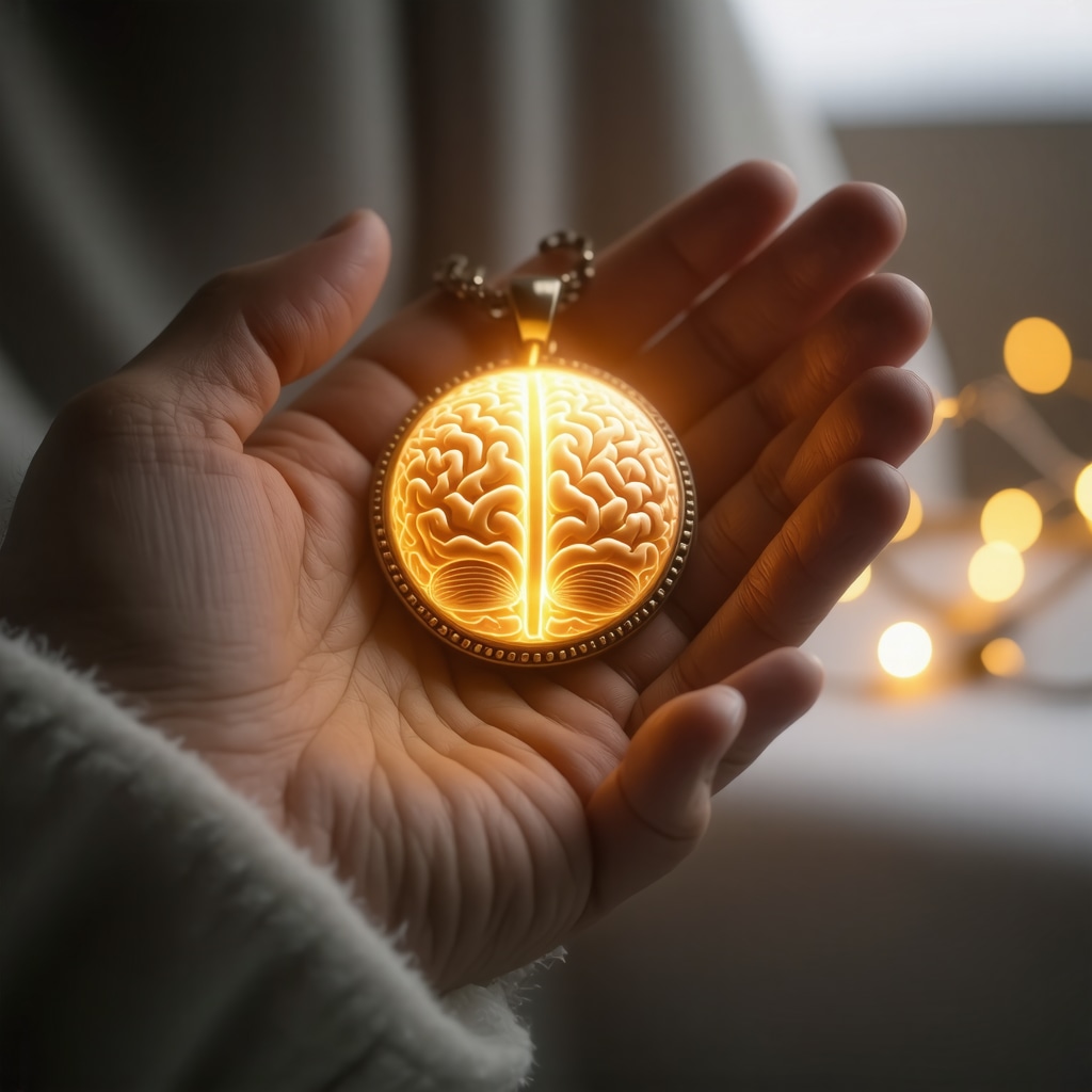 Hand holding a personalized glowing amulet pendant with abstract brain activity in the background