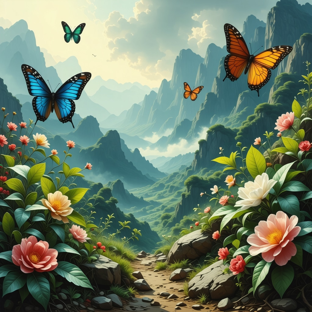 Butterflies, coca leaves, and flowers symbolizing Peruvian love presages in a natural setting