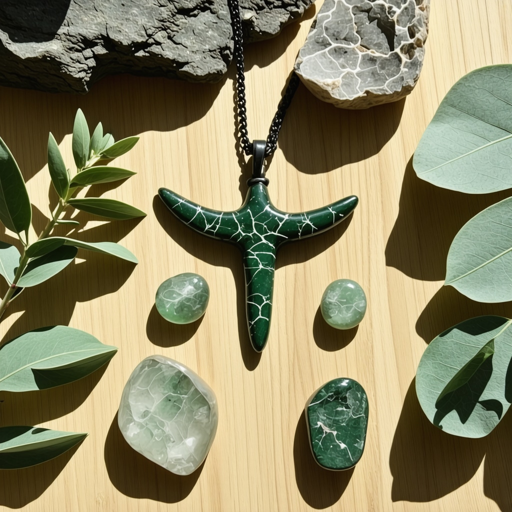 A display of protective amulets such as a boomerang pendant, eucalyptus leaves, and jade stones on a wooden surface