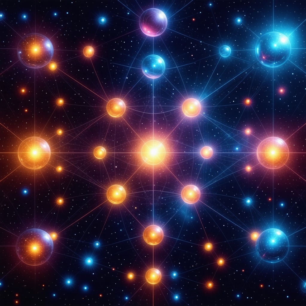 Illustration of quantum entanglement and neural networks connected by glowing geometric symbols representing spiritual protection