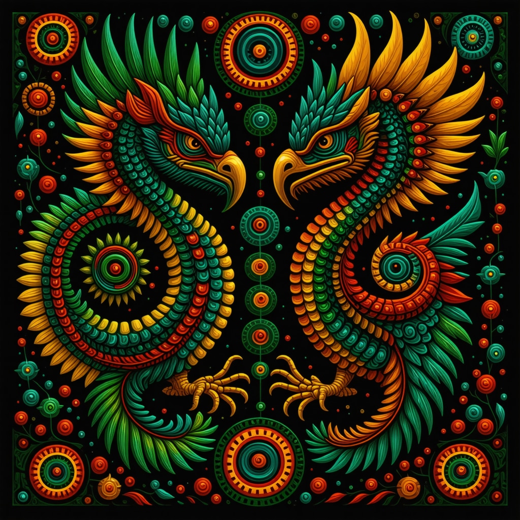 Artistic fusion of Quetzalcóatl and Pachamama symbols representing spiritual protection and cultural synergy