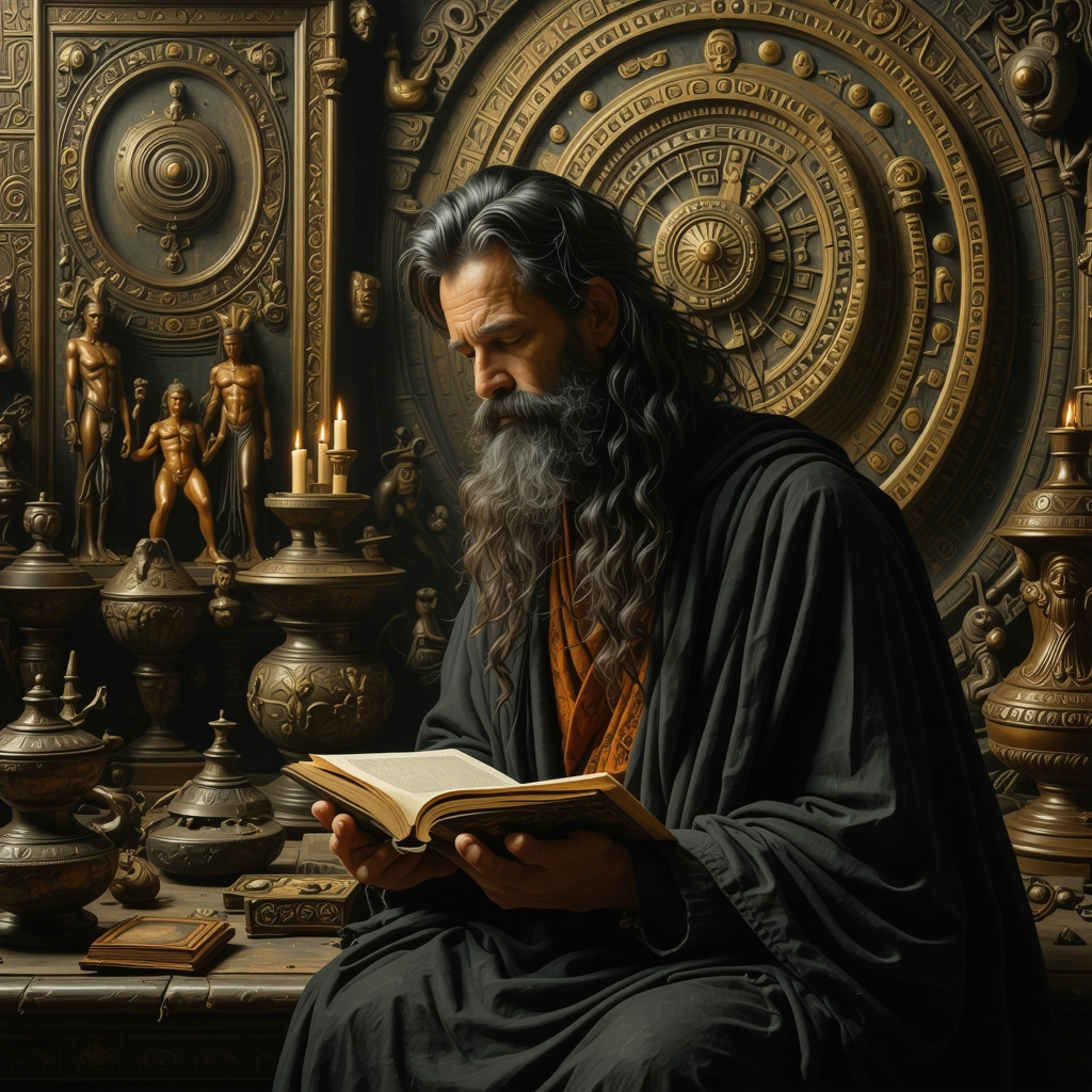 Reader surrounded by symbolic elements such as mirrors, labyrinths, and cultural motifs representing deep literary symbolism