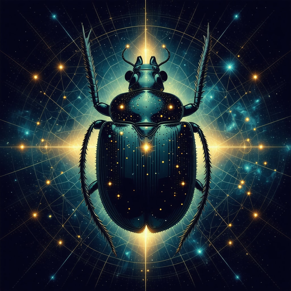 Escarabajo Sagrado egipcio fusionado con patrones de red neuronal en fondo cósmico