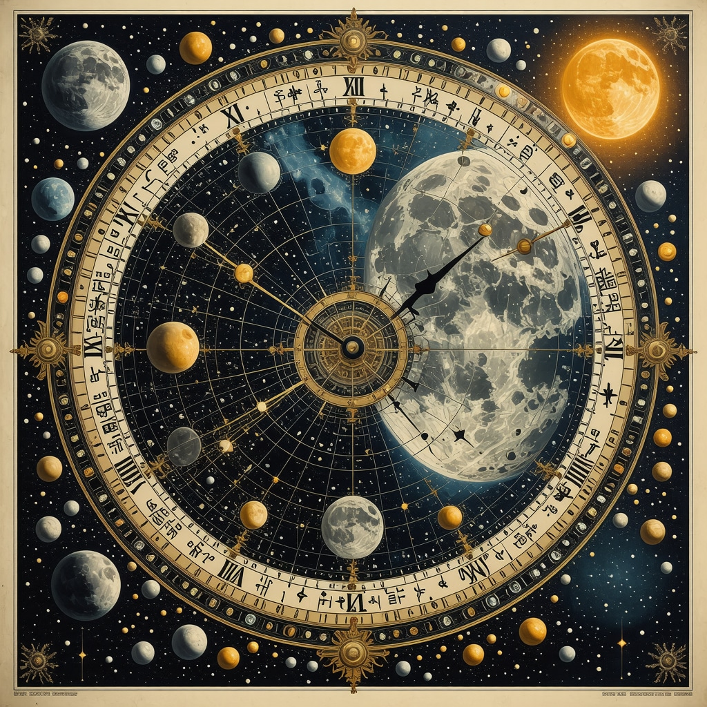 Ilustración artística que combina fases lunares, ciclos solares y símbolos astrológicos con patrones de redes neuronales