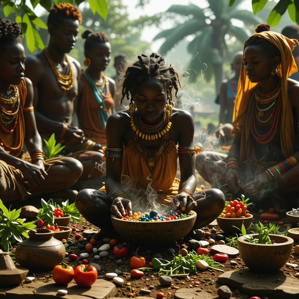 Comunidad africana participando en ritual para la prosperidad con elementos simbólicos y energéticos