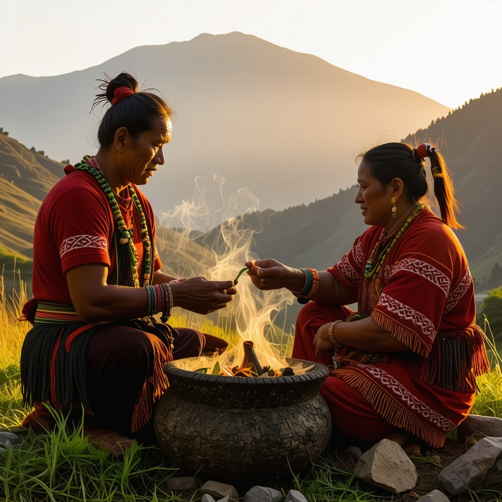 Indigenous people performing a traditional ritual offering to mountain spirits in the Andes at sunset