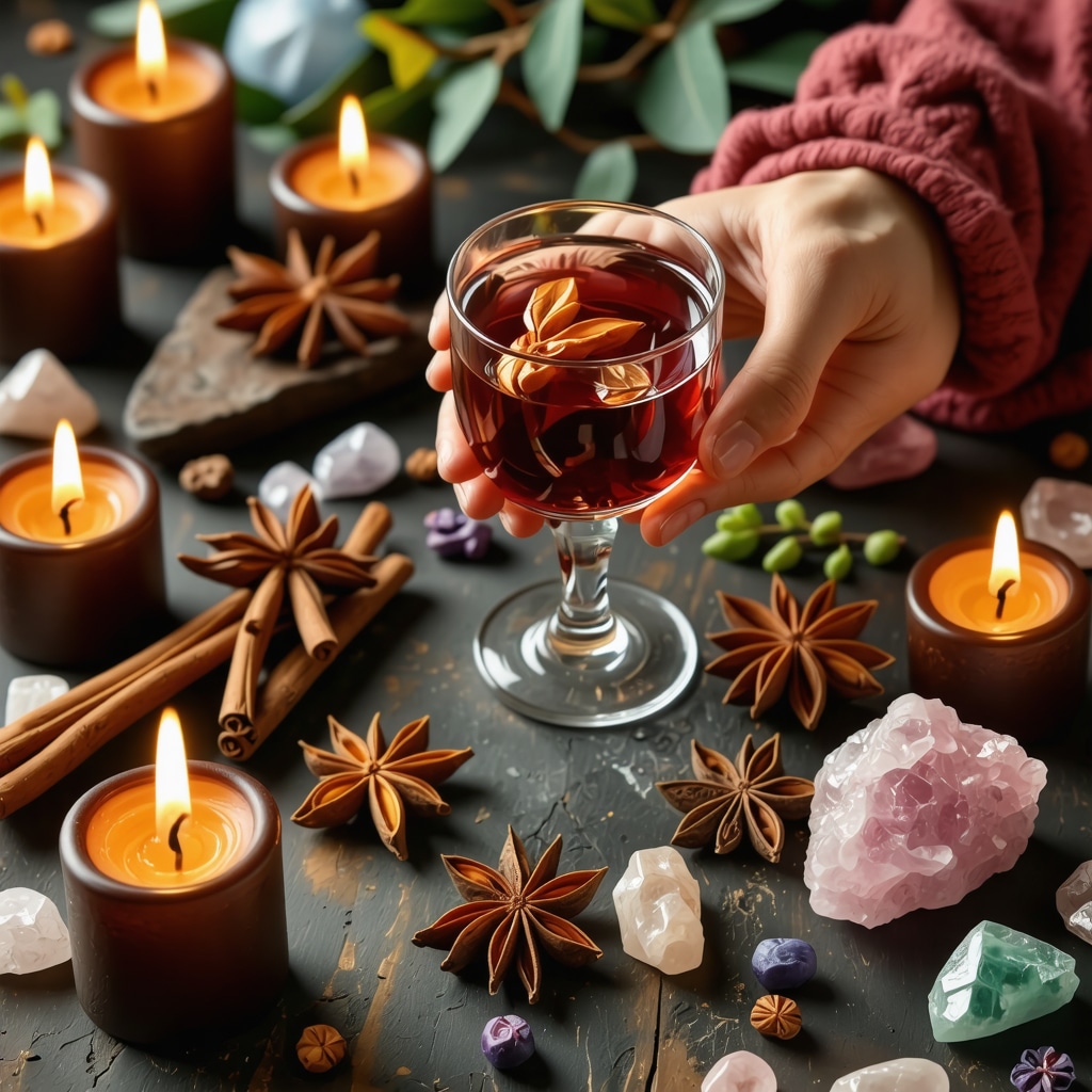 Person holding a crystal glass of red wine with cinnamon in a calm ritual setting with candles and crystals
