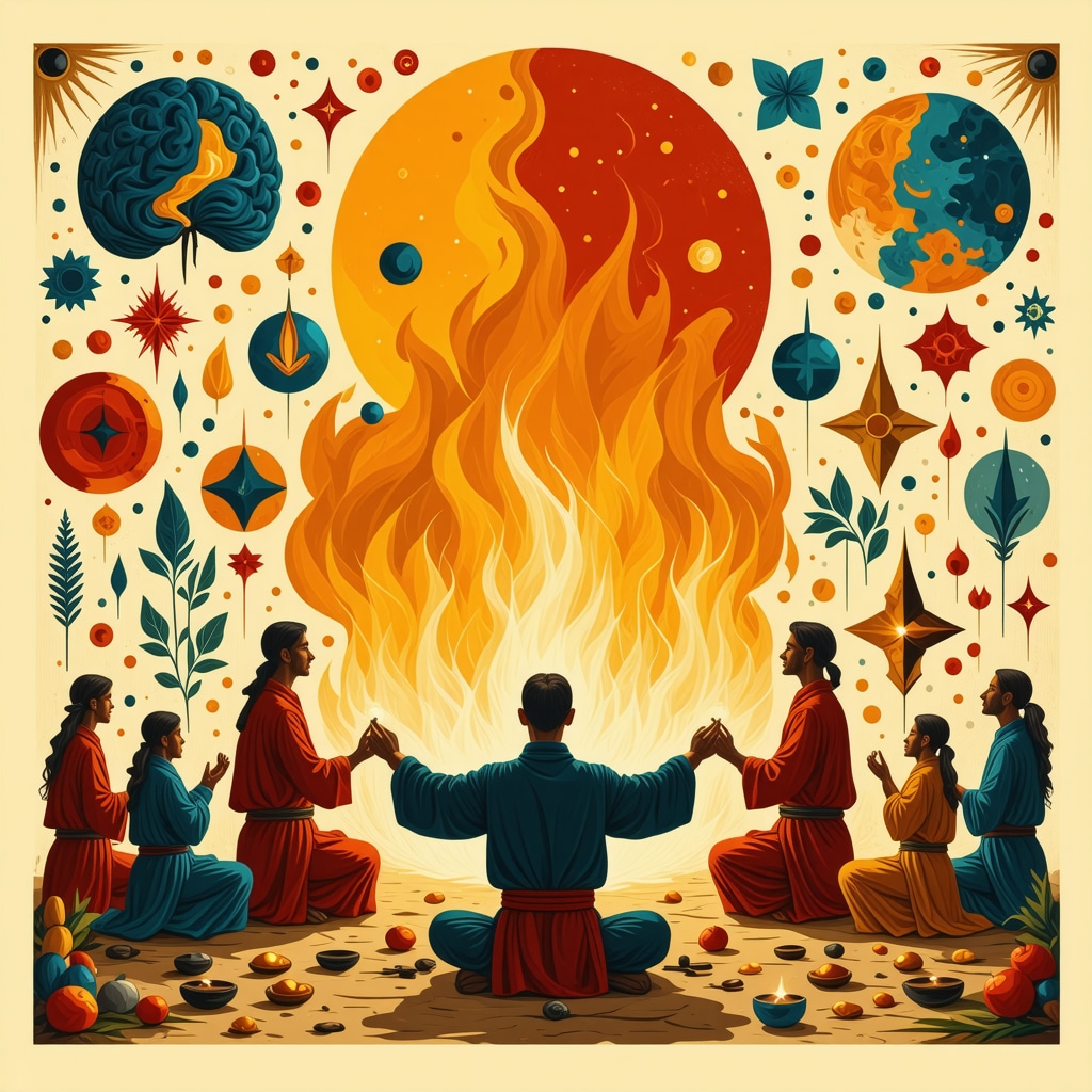 Traditional Spanish ritual with fire and colorful symbols representing folklore and neuroscience