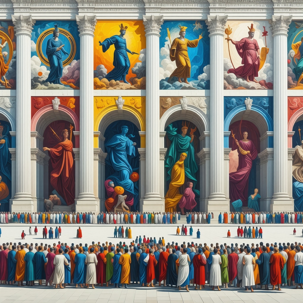 Ancient Roman ritual symbols blending with modern community gatherings to represent cultural continuity and resilience