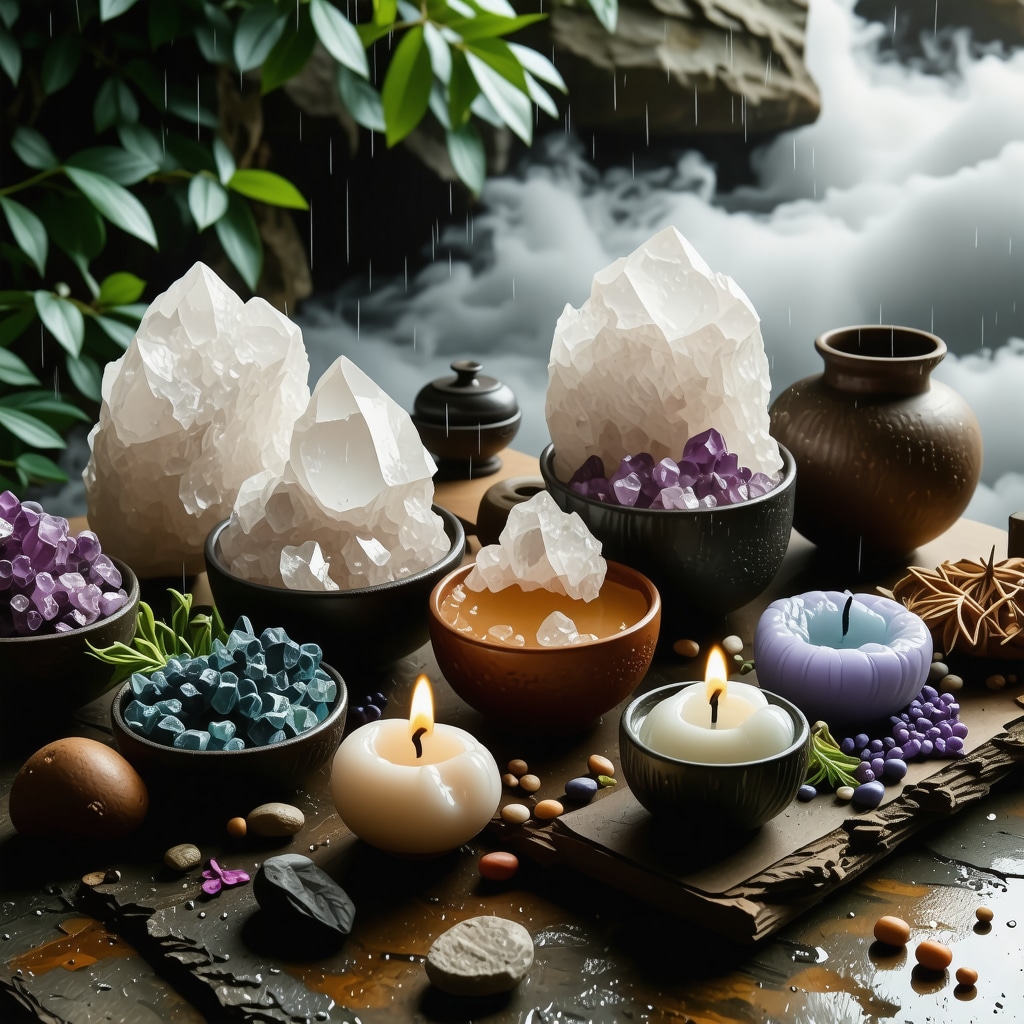 Setup of advanced rainwater ritual with crystals and herbs under moonlight