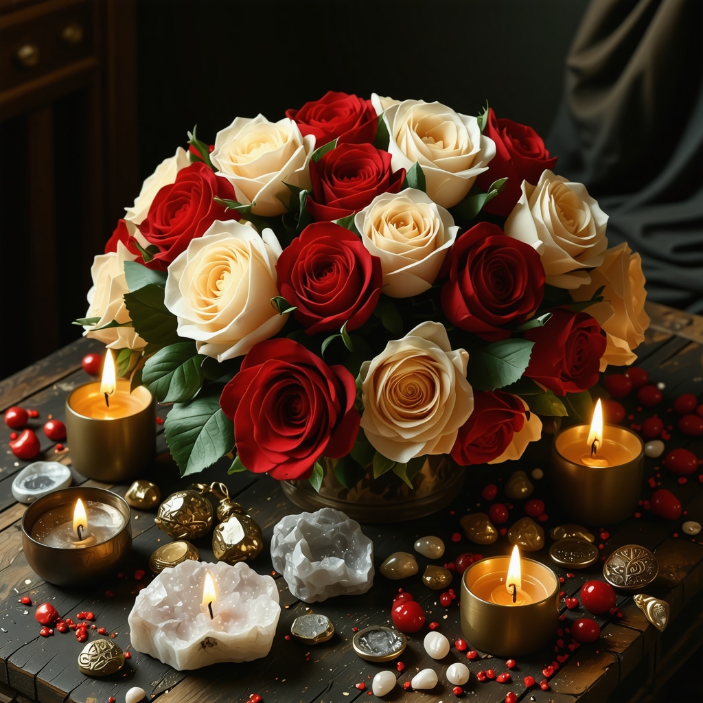 Arreglo ritualístico con rosas de varios colores, cristales y amuletos iluminado por luz lunar
