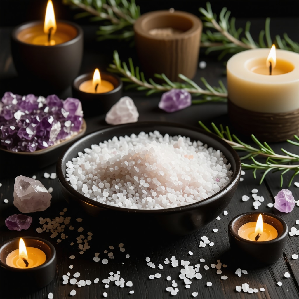 Cuenco con sal marina gruesa, cristales de amatista, ramitas de romero y velas encendidas en un ambiente espiritual