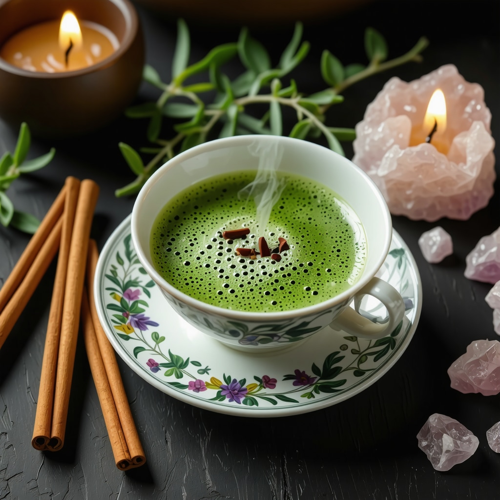 Taza de té verde con canela, hierbas frescas y cristales en un ambiente espiritual y meditativo