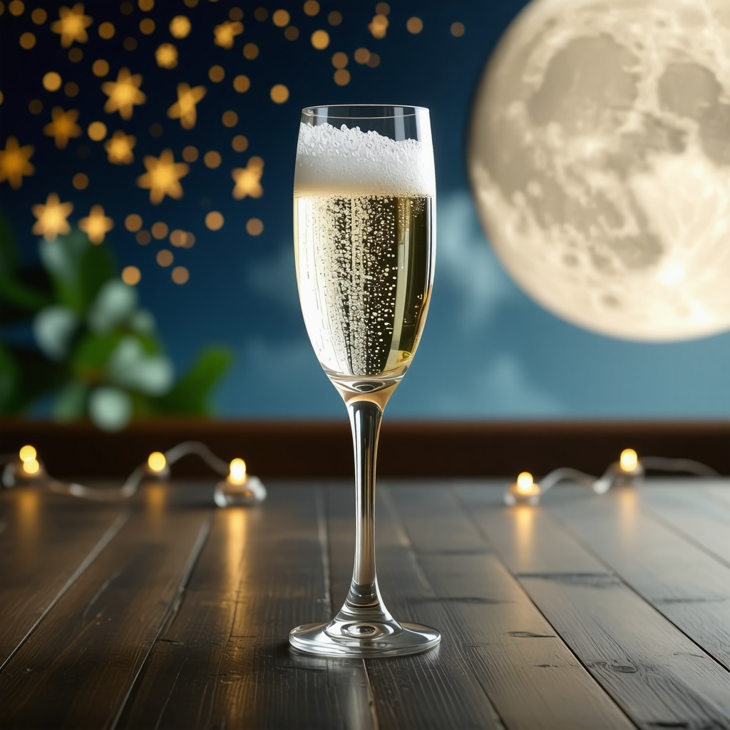 Copa de cristal con champán bajo la luz de la luna y símbolos astrológicos en fondo