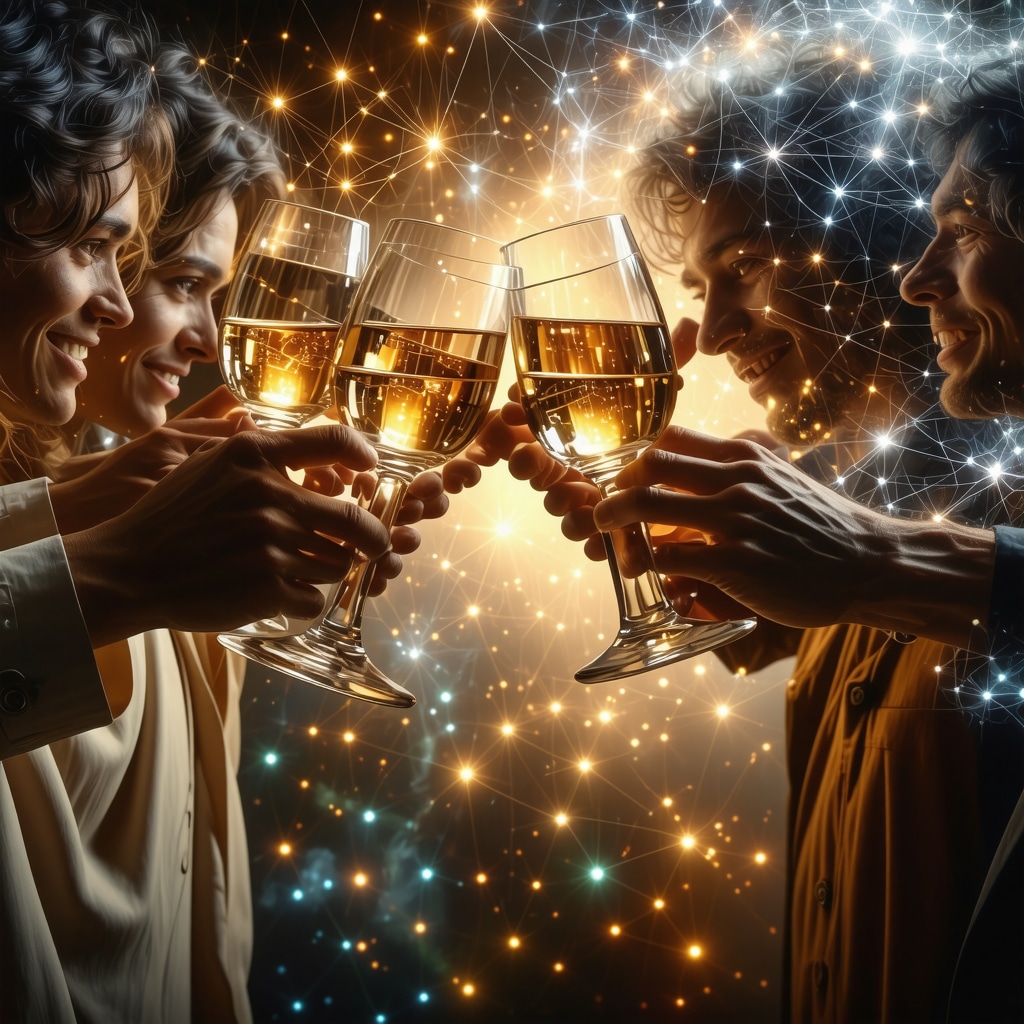 Ilustración de personas realizando un brindis ceremonial con patrones neuronales que representan la conexión emocional y ritualística