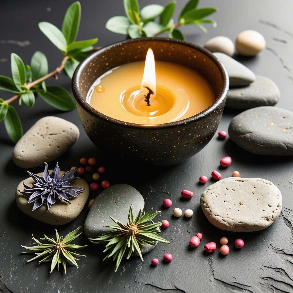 Candle surrounded by herbs, water bowl and stones representing fire and elemental balance in ritual